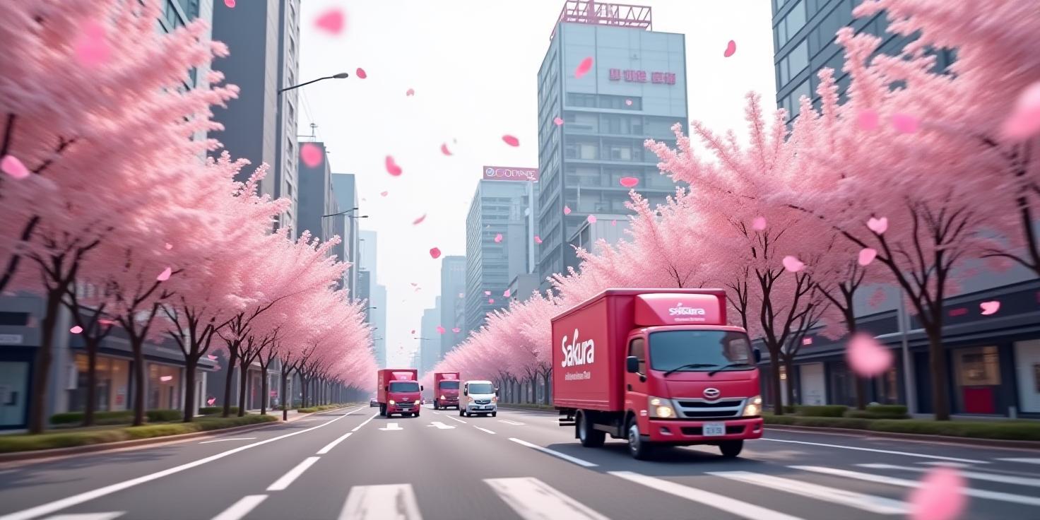 現代的な東京の街並みに桜が舞う、配送トラックが走る風景